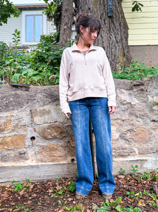High Rise, wide leg, dark wash jeans with trouser hem by Lovervet