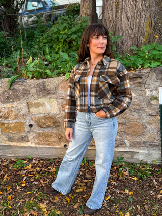 Cropped Plaid Shacket in brown