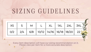 Sizing XS=0-2, S=2-4, M=6-8, L=10-12, XL= 14-16, 1XL=16-18, 2XL=18-20, 3XL=22