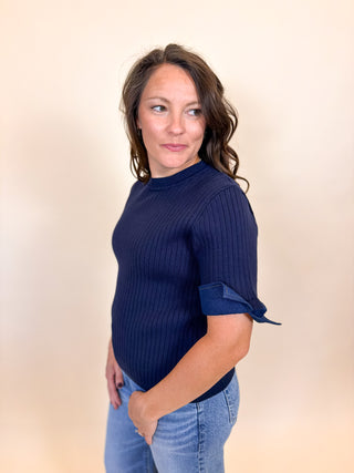 Denim Cuff Ribbed Knit Top