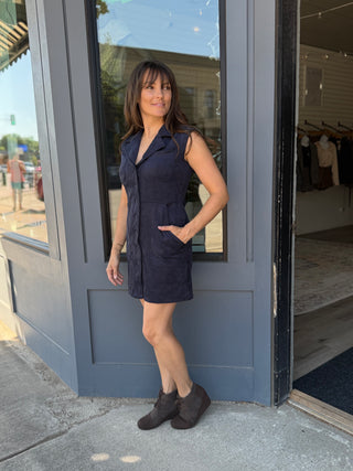 Faux Suede button up mini dress in navy 