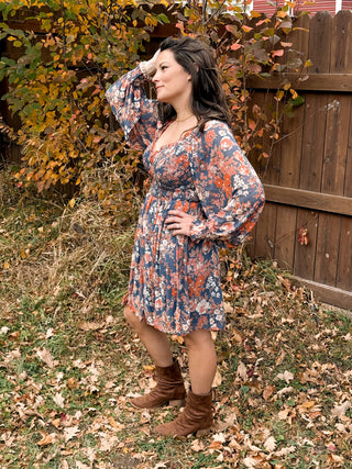 Floral Print Mesh Smocked Long sleeve Dress