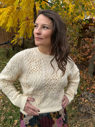 Floral Crochet Embroidered Checker Knit Sweater