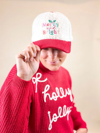 Merry and Bright Embroidered Sherpa Corduroy Cap