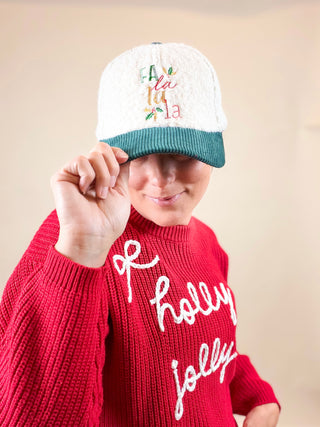 Fa La La Embroidered Sherpa Corduroy Cap