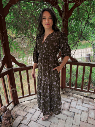 Olive Grove Floral Midi Dress