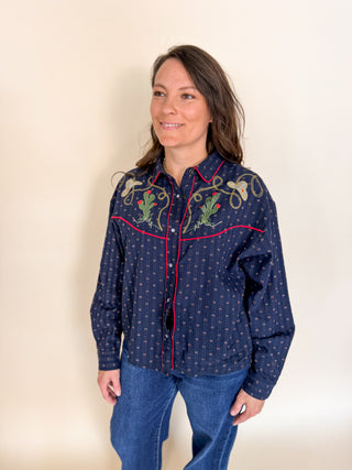 navy western embroidered button down shirt with red piping and cactus design
