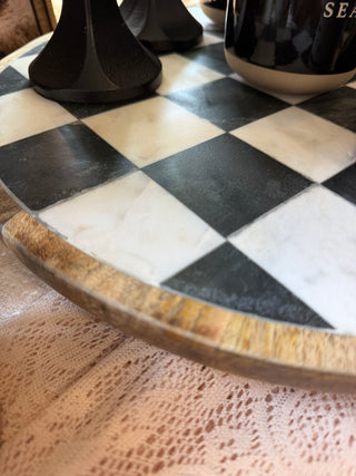 Mango Wood + Marble Check Lazy Susan