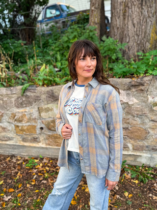 Classic plaid button up with golden yellow and denim 