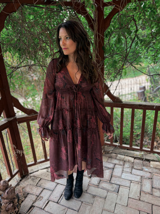Crimson Veil Floral Midi Dress