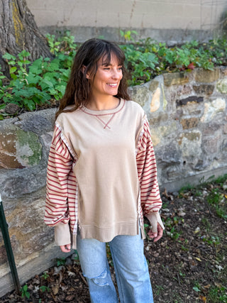 Striped Contrast Pullover in oatmeal and rust color