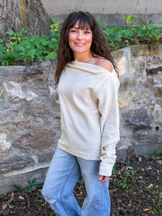 Boat neck relaxed fit cream waffle knit top 