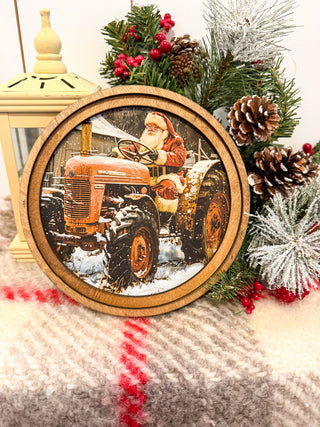 Tractor Santa Round Framed Art
