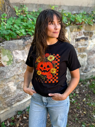 Pumpkin daisies and checkerboard Halloween tee