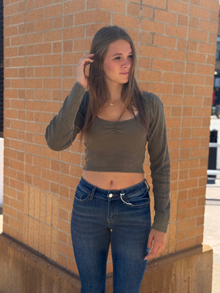 Long sleeve sweet heart top in olive