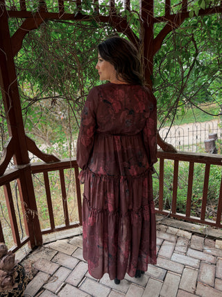 Crimson Veil Floral Midi Dress