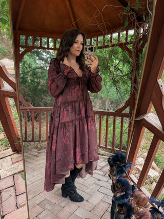 Crimson Veil Floral Midi Dress