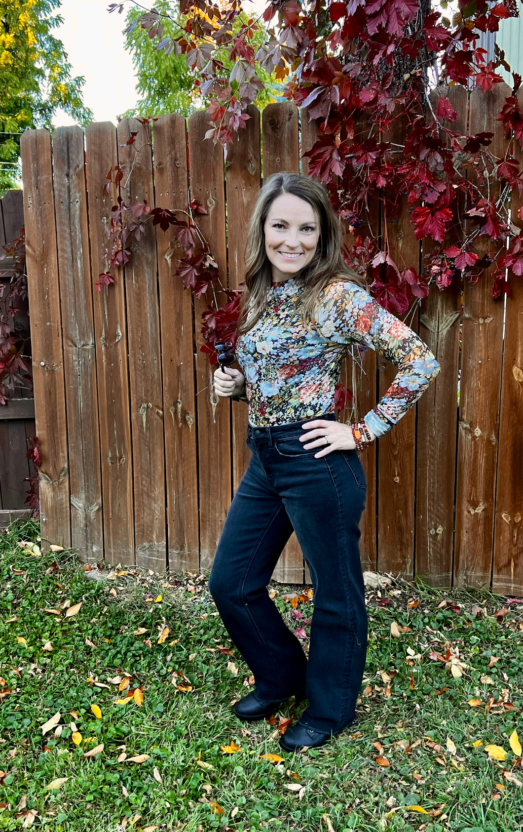 Floral Semi-Sheer Mesh Long Sleeve Knit Top