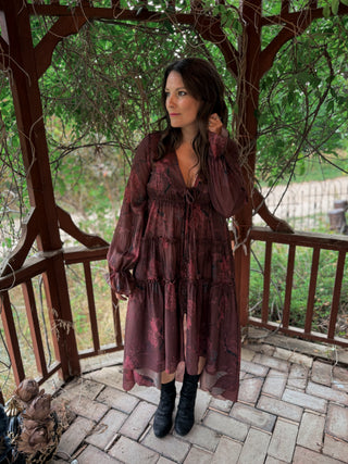 Crimson Veil Floral Midi Dress