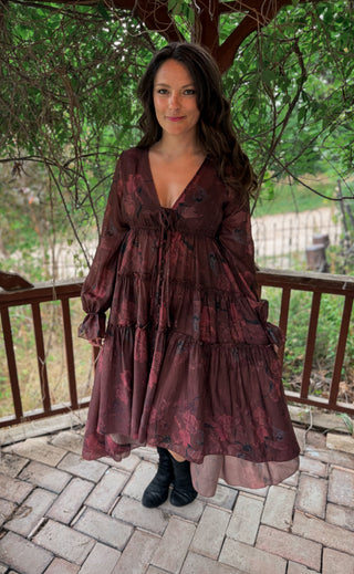 Crimson Veil Floral Midi Dress