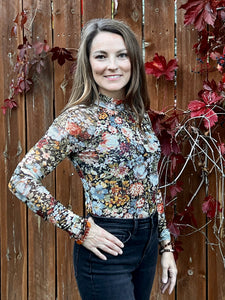 Floral Semi-Sheer Mesh Long Sleeve Knit Top