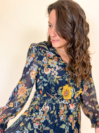 Botanical Evening Pleated Dress