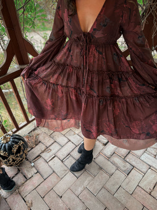 Crimson Veil Floral Midi Dress