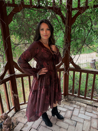 Crimson Veil Floral Midi Dress