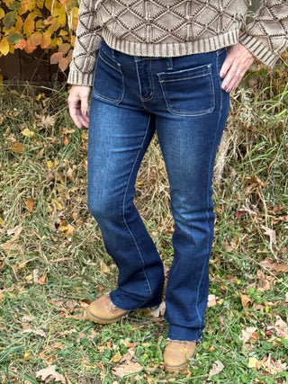 Jubilant High Rise Patch Pocket Mini Boot Cut Jeans By Lovervet