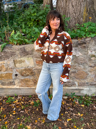 Sherpa Aztec Print Jacket in brown