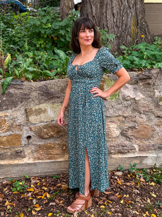 Teal floral midi side slit dress