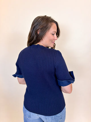Denim Cuff Ribbed Knit Top
