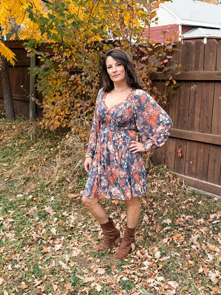 Floral Print Mesh Smocked Long sleeve Dress