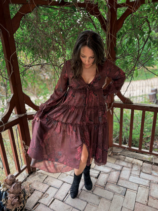 Crimson Veil Floral Midi Dress
