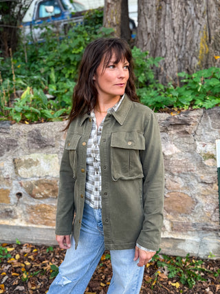Mineral washed utility jacket in olive