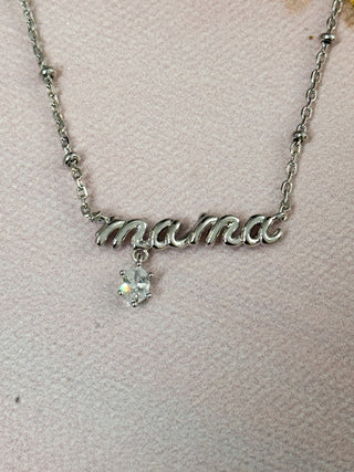 Mama Silver Crystal Short Pendant Necklace