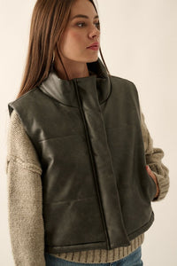 Faux Leather High Collar Side Pocket Puff Vest