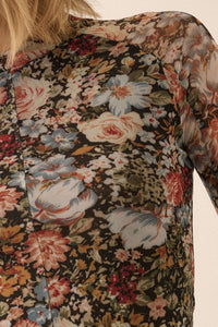Floral Semi-Sheer Mesh Long Sleeve Knit Top