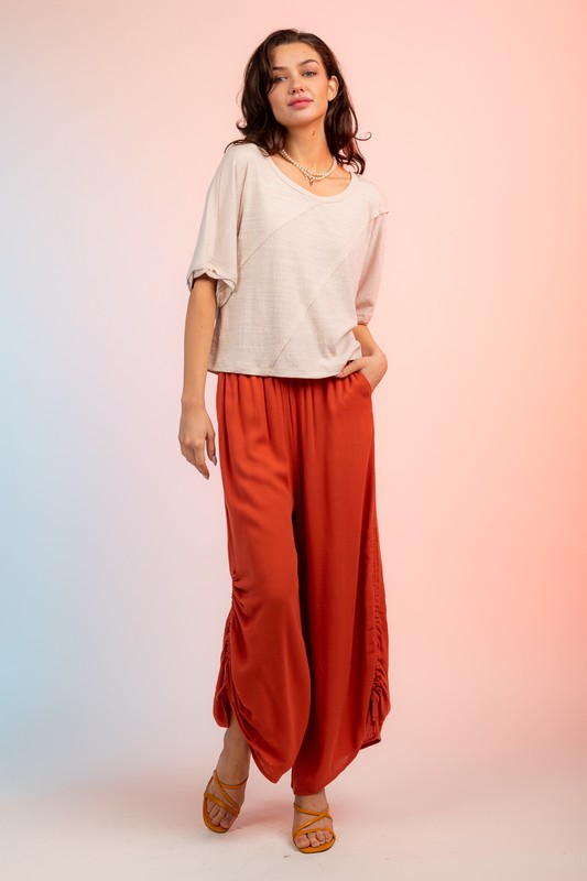 High-Waisted Palazzo Pants with Ruched Detail