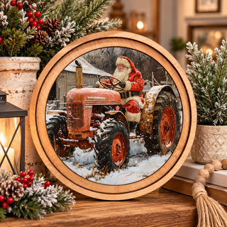 Tractor Santa Round Framed Art