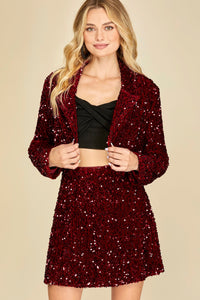 Long Sleeve Sequin Velvet Open Front Crop Blazer