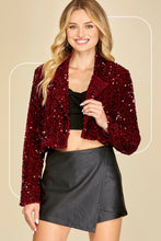 Load image into Gallery viewer, Long Sleeve Sequin Velvet Open Front Crop Blazer
