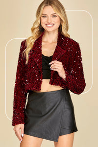 Long Sleeve Sequin Velvet Open Front Crop Blazer