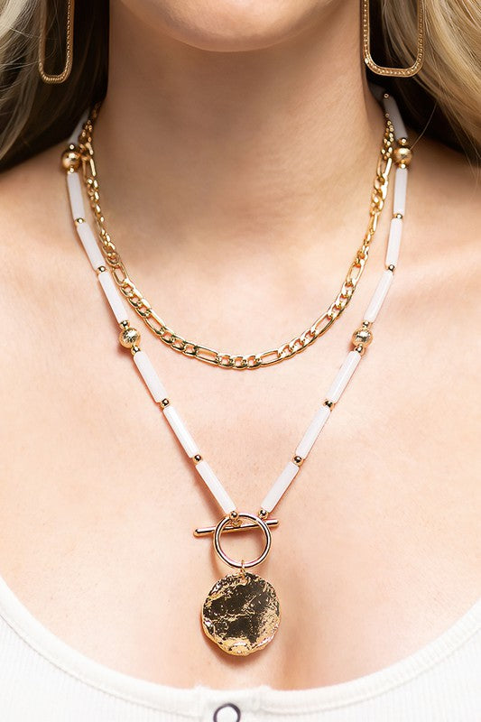 Layered Chain with Hammered Metal Pendant