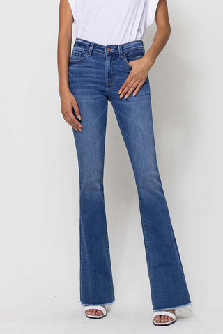 Mid-Rise Raw Hem Flare Jeans by Vervet