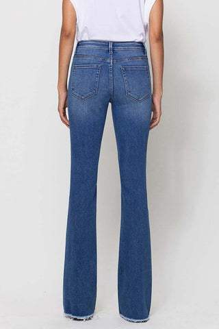 Mid-Rise Raw Hem Flare Jeans by Vervet