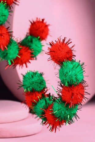 Metallic Pom Pom C-hoop Christmas Earrings