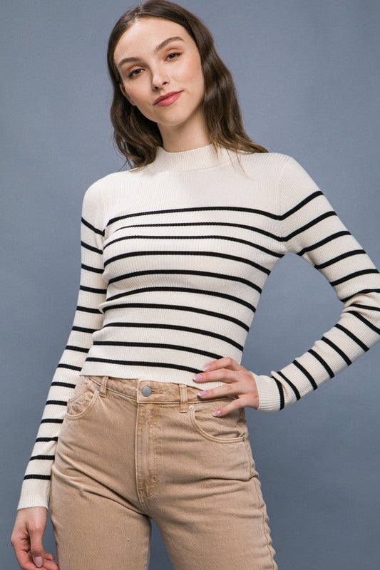 Mock Neck Ribbed Striped Long Sleeve Top