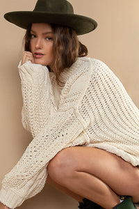 Mock Neck Balloon Sleeve Cable Knit Sweater