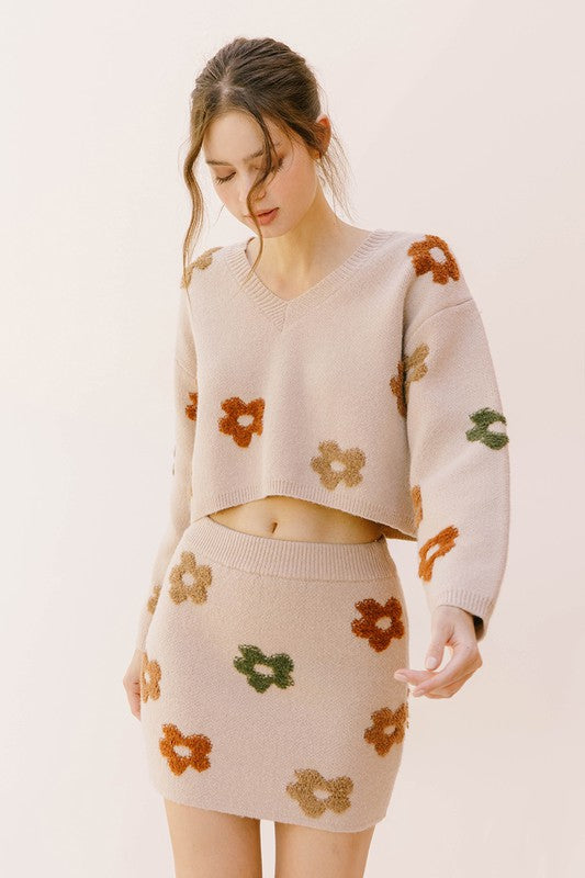 Multi-Color Cropped Daisy Knit Sweater